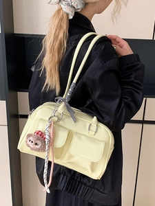 Retro pale yellow PU shoulder bag with plush hedgehog charm and silk ribbon accessory