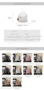 Detailed size specifications and color options for the stylish PU leather backpack
