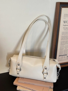 Retro PU Leather Minimalist Boston Underarm Bag For Women Solid Color Cylinder Shoulder Bag Silver Hardware Fashion Handbag