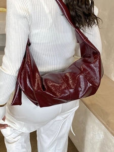 Retro burgundy pleated hobo tote bag in glossy finish with wide shoulder strap
