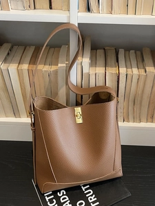 Braune Beuteltasche mit Litschi-Maserung und goldenem Verschluss auf dem Bücherregal