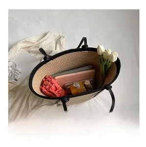 Spacious woven tote bag interior showing capacity for umbrella, tablet, and daily essentials