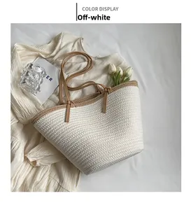 Detailed texture of beige woven straw tote bag with brown straps in a lifestyle setting