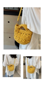 Détails d'un sac de plage tressé jaune vif avec des motifs ajourés complexes et bandoulière