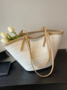 Women Straw Woven Bucket Bag Large Capacity Beach Shoulder Bag Contrast Color Braided Handbag For Summer Vacation