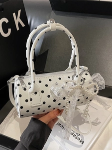 Women Polka Dot Barrel Bag PU Leather Cylinder Crossbody Handbag With Lace Bow Artificial Pearl Charm Retro French Style Small Boston Bag
