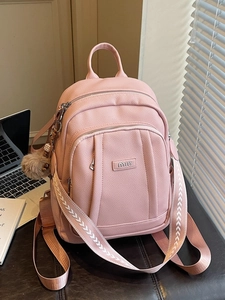 Sac à Dos Femme en Cuir PU Grain de Litchi Grande Capacité Cartable Scolaire Avec Bandoulière Tissée et Pompon