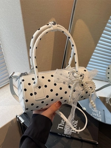 Vintage white polka dot Boston bag with lace bow and pearl handle for daily wear