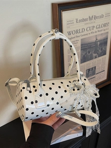 Polka dot Boston barrel bag with lace pearl bow decoration and crossbody strap