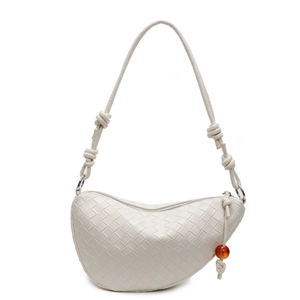 Retro cream woven faux leather hobo bag with top handle and amber bead detail