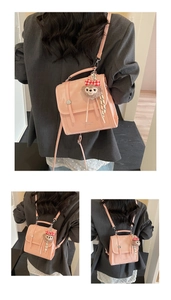 Pink patent leather square bag with plush charm shown in multiple carrying ways