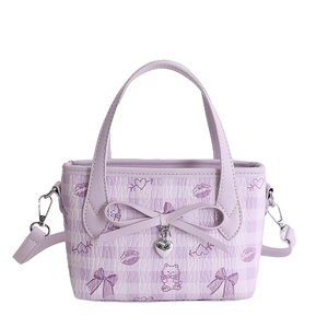 Light purple cartoon bucket bag with heart pendant and bow charm, stylish crossbody style