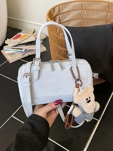Women Fashion Boston Handbag With Bear Pendant Mini PU Leather Shoulder Crossbody Bag Adjustable Strap Zipper Top Handle Bag