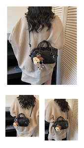 Black mini Boston bag with plush bear charm shown in three different carrying styles