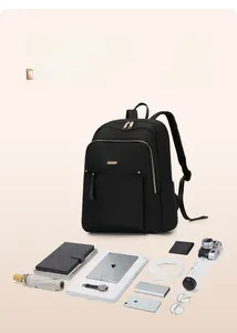 Macro shot showing high capacity storage of black nylon backpack with various digital devices