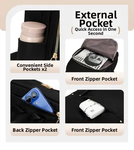 Detail of oxford backpack featuring multiple zippers, side pockets and secure rear storage