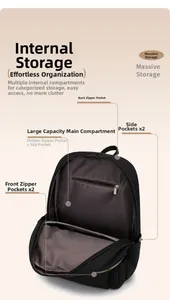 Internal compartments of black oxford backpack showing main pocket and multiple zip pockets