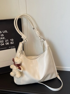 White large capacity PU leather hobo bag with teddy bear charm and knot shoulder straps