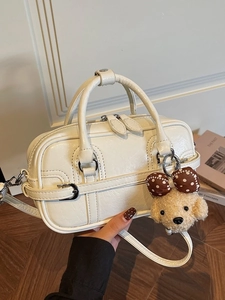 Women Fashion PU Leather Boston Handbag Detachable Shoulder Strap Crossbody Bag With Cute Plush Puppy Pendant Versatile Purse