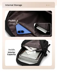 Detailed view of the internal storage compartments in the black oxford fabric backpack