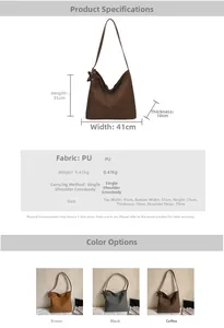 Detailed size specifications and color options for this large PU leather bucket tote bag
