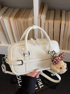 Elegant white square handbag with PU leather texture and a cute teddy bear charm