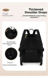 Close-up of thickened shoulder straps and durable stitching on black oxford backpack