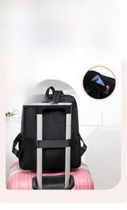 Detail of oxford backpack featuring a luggage strap and hidden anti-theft zipper pocket