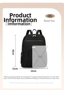Detailed product size guide showing 38cm height and 29cm width for the black oxford backpack