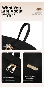 Detail view of woven top handle and smooth golden metal zipper on black oxford backpack