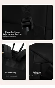 Detail of adjustable strap buckle and reinforced stitching on black oxford backpack