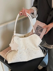 Grand sac fourre-tout blanc pour femme avec imprimés étoiles argentées et broderie