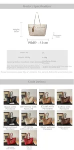 Detailed size chart and multi-color selection of a large PU leather tote bag with lock