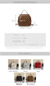 Detailed size chart and multi-color options for the polka dot PU leather chain backpack
