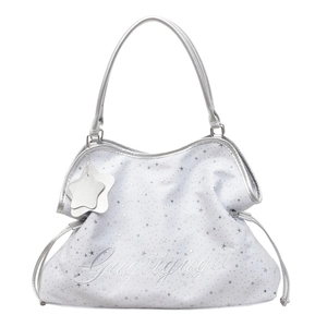Sac fourre-tout blanc à motif d'étoiles avec broderie argentée et anse en cuir
