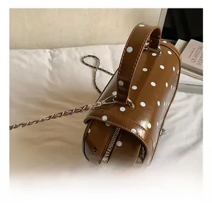 Close-up of premium metal hook and silver chain strap on brown polka dot barrel bag