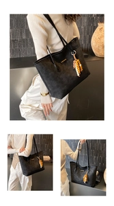 Three-view model shots of black embossed leather tote bag with stylish colorful wooden beads
