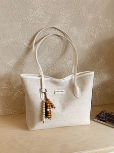 Large Capacity Embossed PU Leather Tote Bag Retro Puppy Heart Pattern Handbag With Wood Bead Pendant Women Shoulder Bag