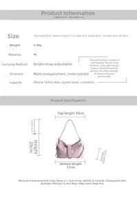 Detailed size chart for the PU tote bag showing dimensions and internal structure details
