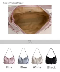 Detail view of leather shoulder bag interior and available colors with drawstring