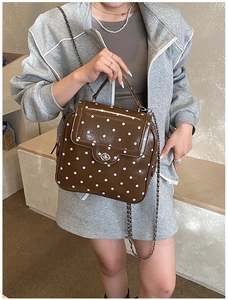 Detail of a brown polka dot shoulder bag featuring a silver twist lock and metal chain