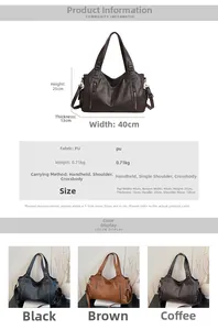 Detailed size chart and multi-color view of vintage large PU leather tote bag with dimensions