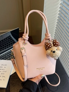 Women Litchi Grain PU Bucket Bag Plush Bear Charm Adjustable Strap Urban Minimalist Handbag Shoulder Crossbody Bag