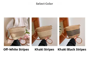 Three colors of striped straw bucket bags with leather straps for summer vacations