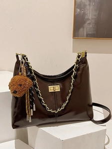 Damen Mode PU Leder Umhängetasche Mit Goldkette Teddybär Anhänger Retro Einfarbig Schultertasche Für Den Täglichen Pendelverkehr