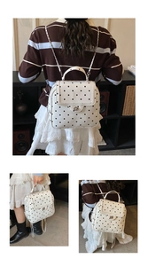 Polka dot backpack with silver chain strap shown in various carrying styles and poses