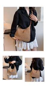 Detail of hand-woven hollow crochet bag with adjustable brown leather shoulder strap