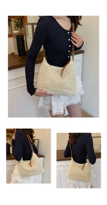 Detail of beige crochet hollow tote bag with brown leather shoulder strap and large mesh
