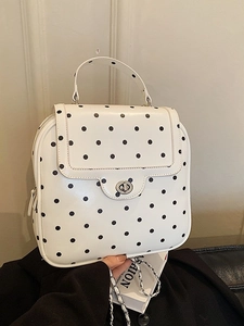 Women Retro Polka Dot PU Leather Bucket Backpack Fashion Printed Chain Shoulder Bag For School Commuting Daily Handbag