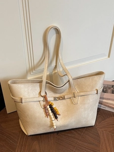 Cream large capacity tote bag with matte PU leather and decorative beaded tassel